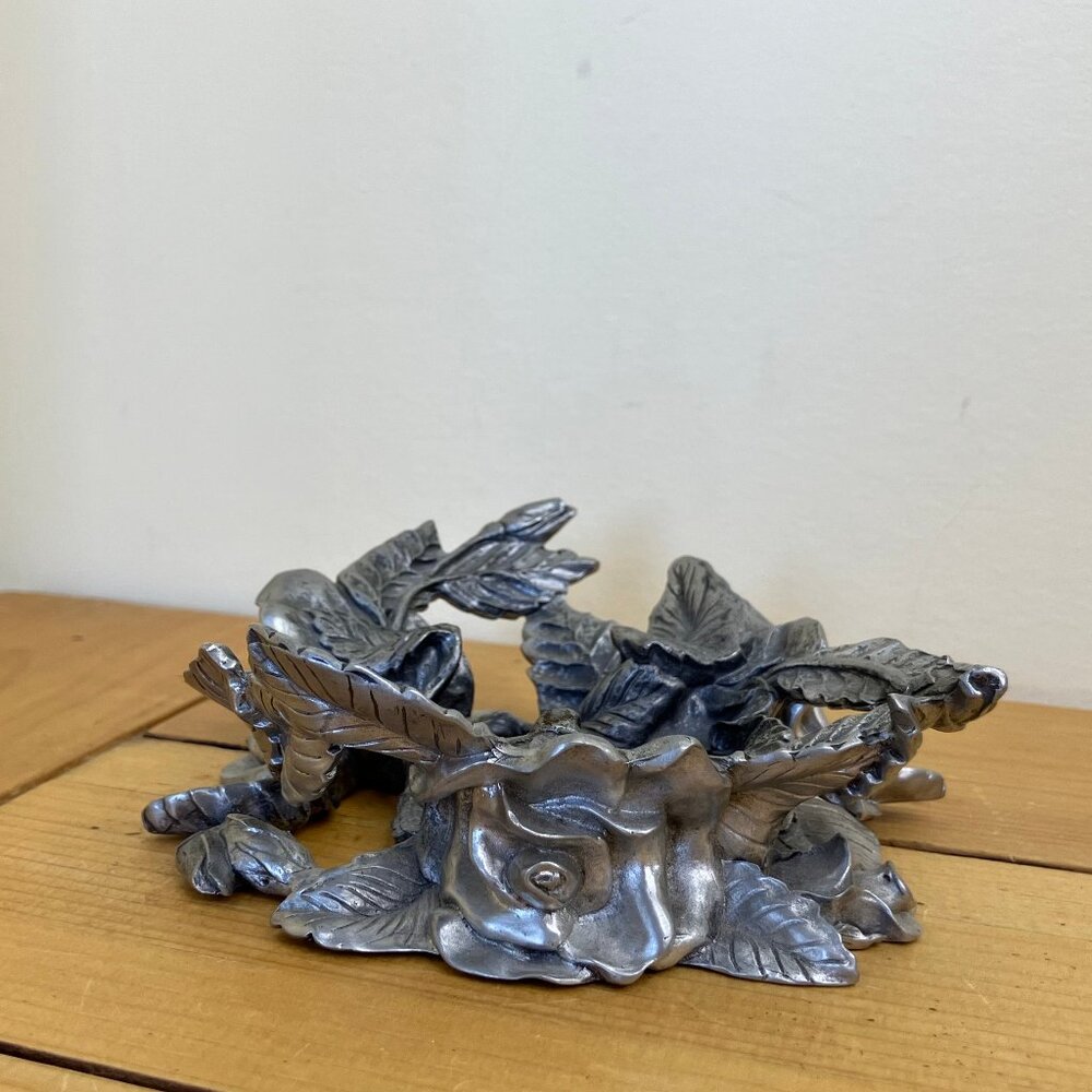 Seagull Pewter Canada Roses Candle Bowl Holder Base Ornate Leaves Vintage 1994